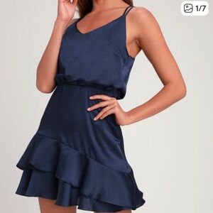 Lulu's Midnight Blue Satin Tiered Mini Dress